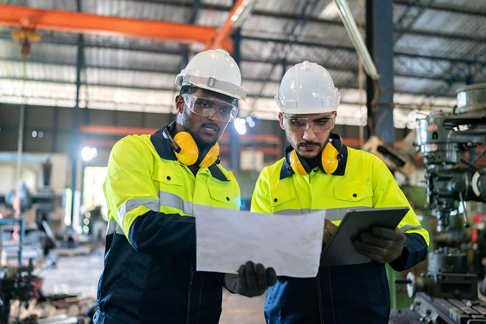 Engineer and factory foreman team Wearing safety helmet